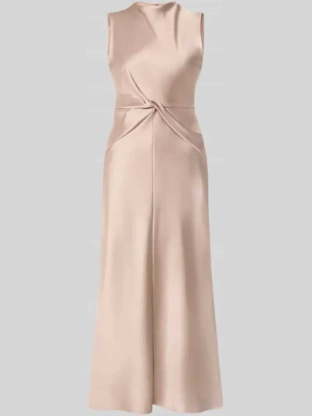 Rinascimento Cocktailjurk van satijn met plooien taupe, foto 2