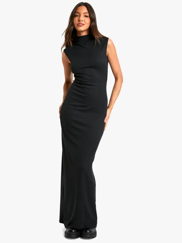 boohoo Dames Rib Column Maxi Jurk Zwart