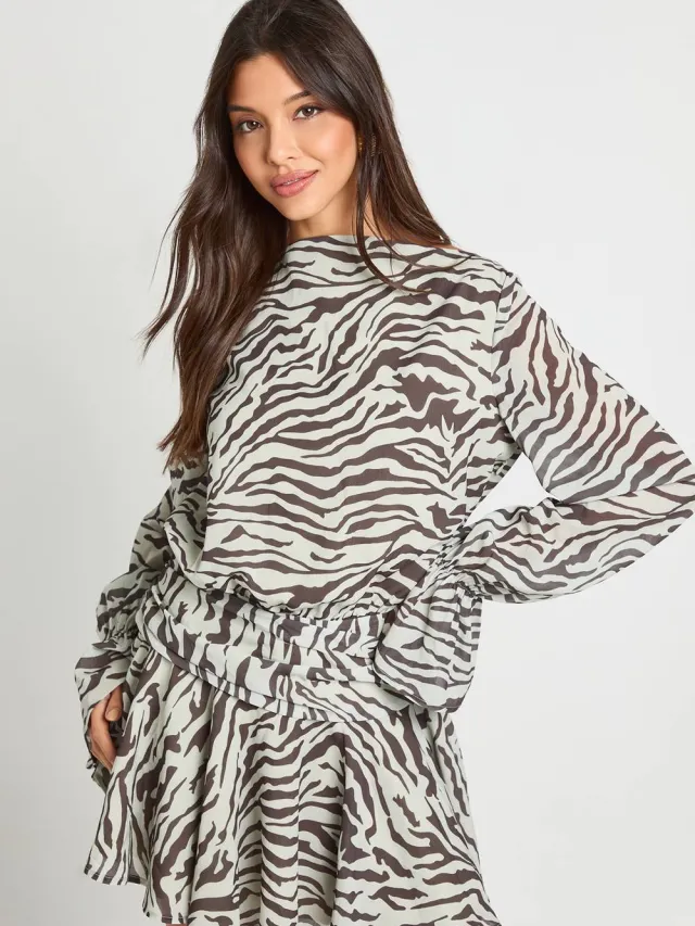 boohoo Dames Zebra bedrukt smockjurk met slash-hals Zwart