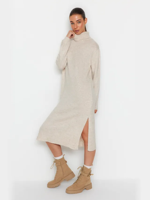 Trendyol TRENDYOLMİLLA Dames Beige Effen Midi Lang Casual Recht Jurken Gebroken wit