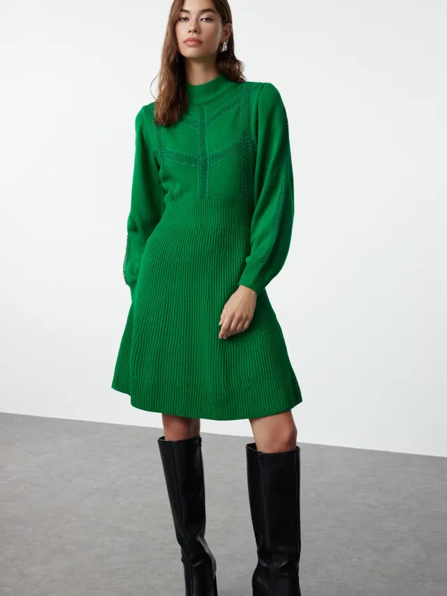 Trendyol TRENDYOLMİLLA Dames Groen Effen Kort / Mini Lang Zakelijk A-lijn Jurken
