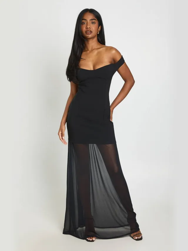 boohoo Dames Bengaline Maxi Jurk Met Transparante Zoom Bandeau Buste Detail Zwart