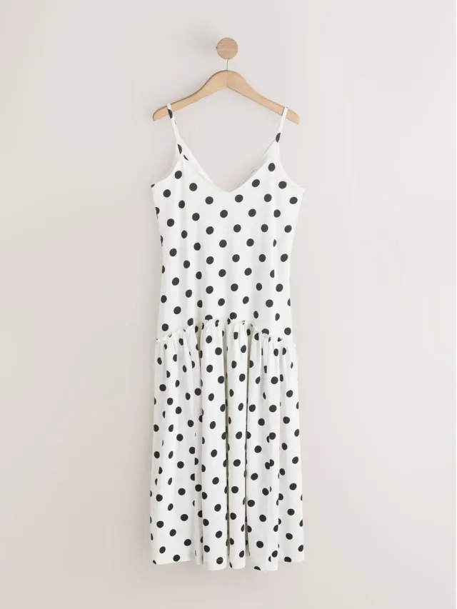 Next Dames - Jersey jurk met verlaagde taille en smalle bandjes - Wit White/Black Polka Dot