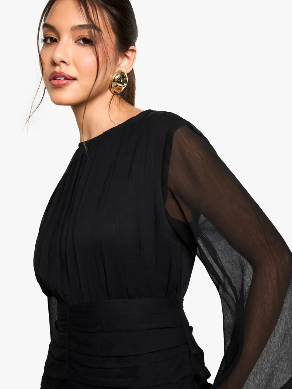 boohoo Dames Geplooide Chiffon Maxi Jurk Met Ruches zwart, foto 2