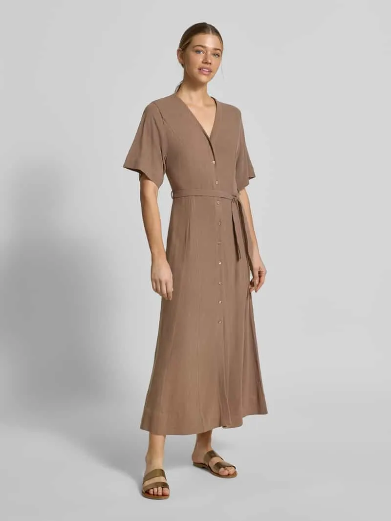 Selected regular fit linnen jurk met V-hals model 'VIVA' taupe, foto 4