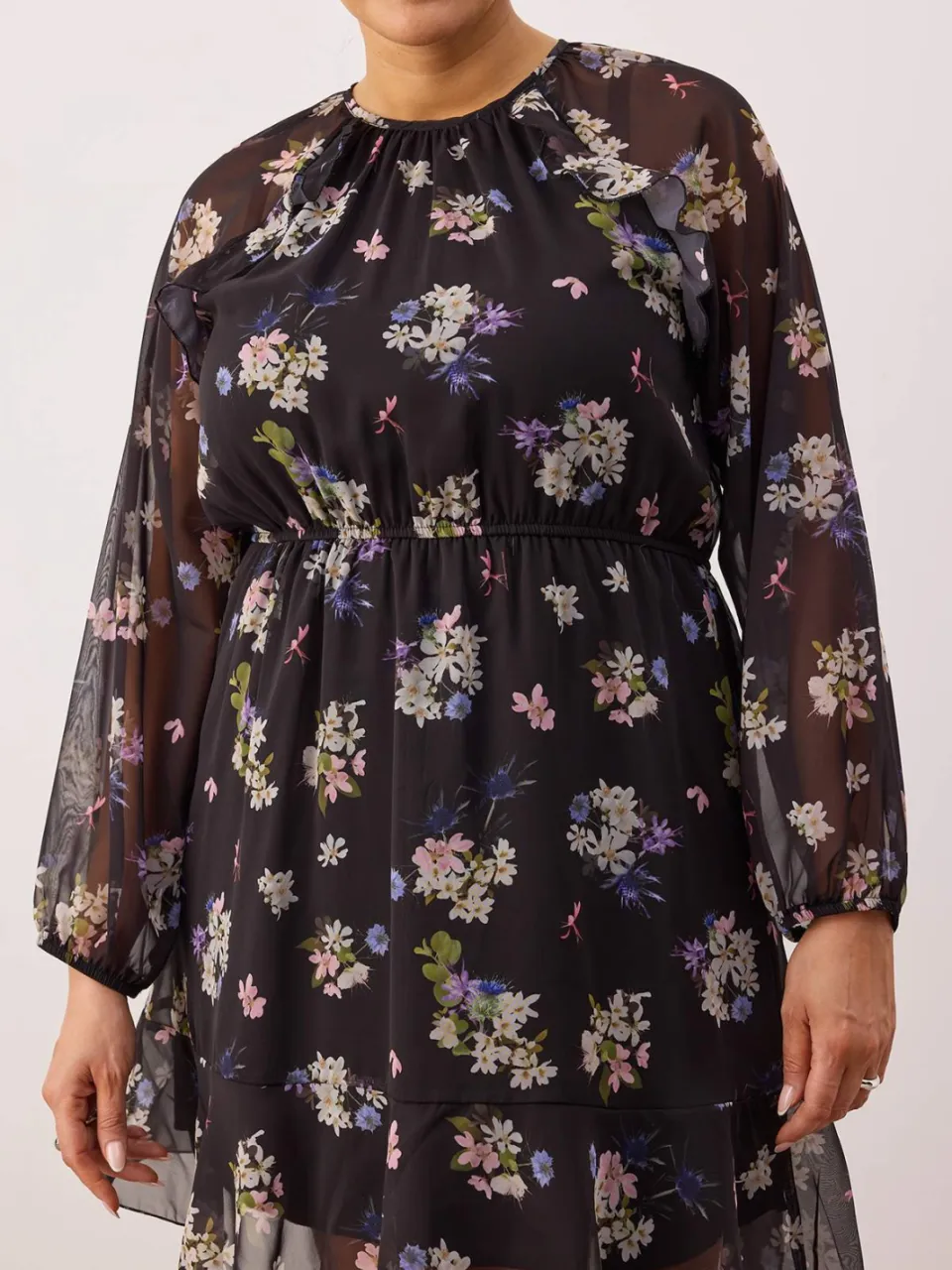 Trendyol Curve Dames Zwart Bloemen Kort / Mini Lang Casual A-lijn Grote maten Jurk, foto 2
