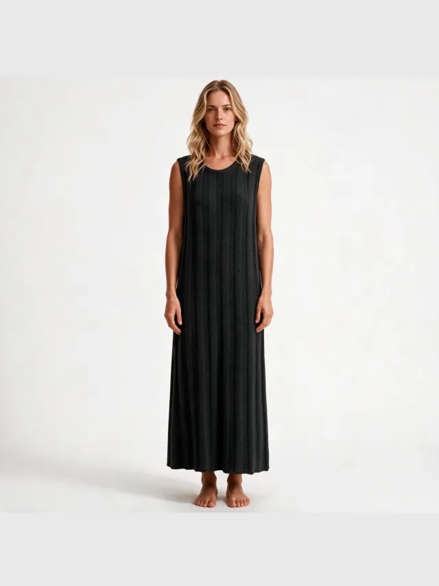 Imily Bela Dames Mouwloze Maxi Jurk met Geribde Structuur zwart