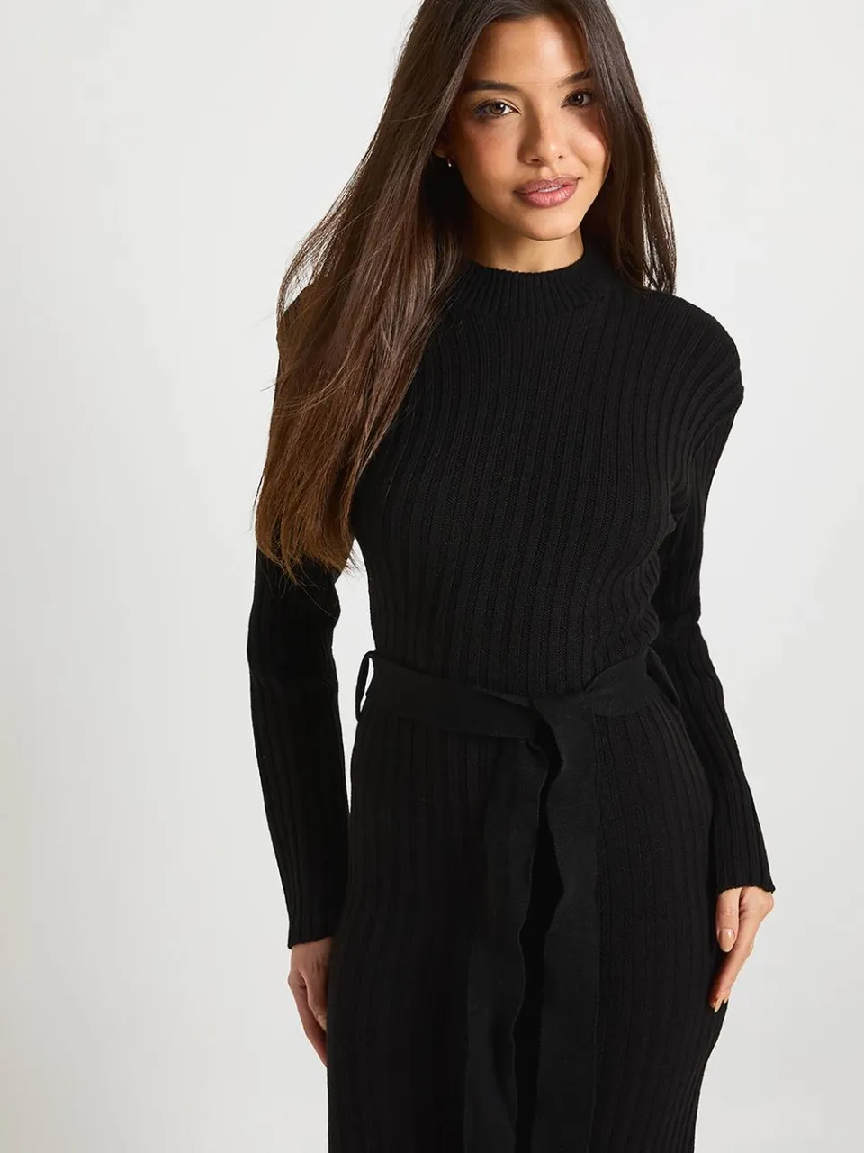 boohoo Dames Rib Knit Tie Waist Midaxi Jurk zwart, foto 4