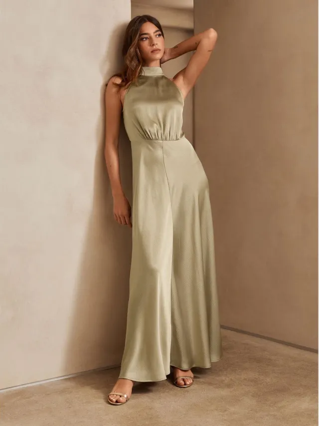Next Dames - Satijnen halter mouwloze midi-jurk met textuur - Goud Champagne Gold
