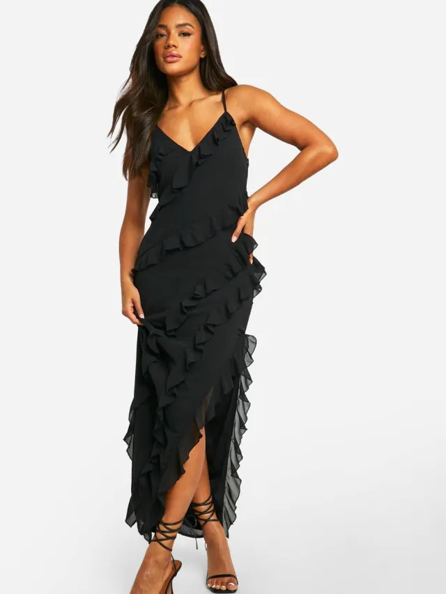 boohoo Dames Ruffle Chiffon Maxi Jurk Zwart