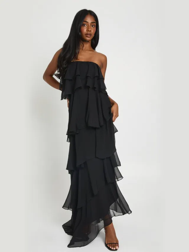 boohoo Dames Chiffon Meerlaagse Maxi Jurk Zwart