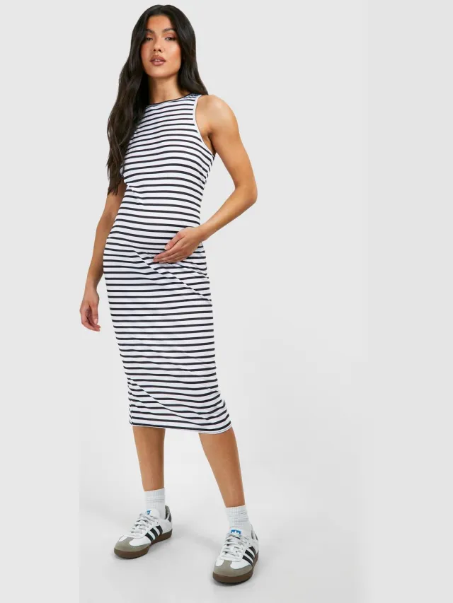 boohoo Dames Zwangerschapsjurk met gestreepte racer-nek midi jurk Zwart