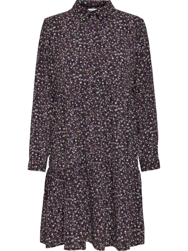JDY 34- JDYPIPER LS AOP SHIRT DRESS WVN NOOS Dames Jurk Zwart met bloemenprint
