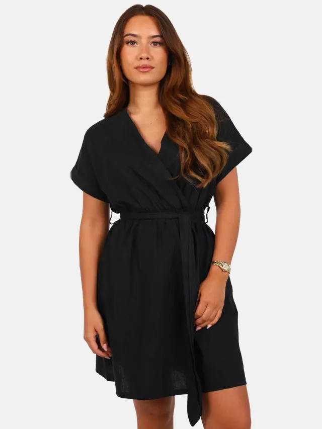 Getdrezzed Jurk - Maat: XS - Linnen blend jurk met strikceintuur zwart