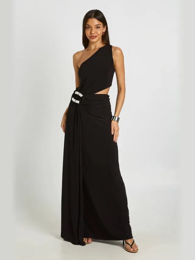 boohoo Dames Asymmetrische Maxi-jurk Met Cut-out En Sierdetail Zwart