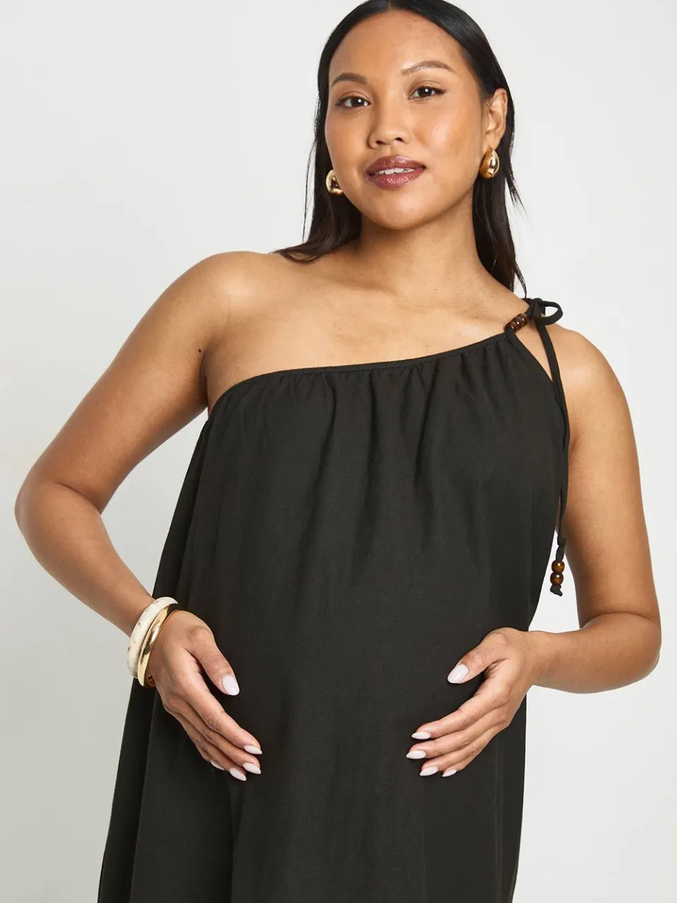 boohoo Dames Zwangerschaps Geplooide Maxi-jurk Met Kralentouw En Éen Schouder zwart, foto 2