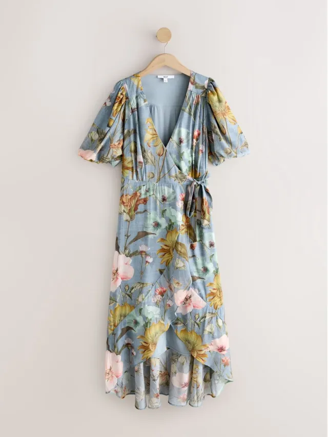 Next Dames - Midi-jurk met overslag, pofmouwen en korte mouwen - Tall - Blauw
