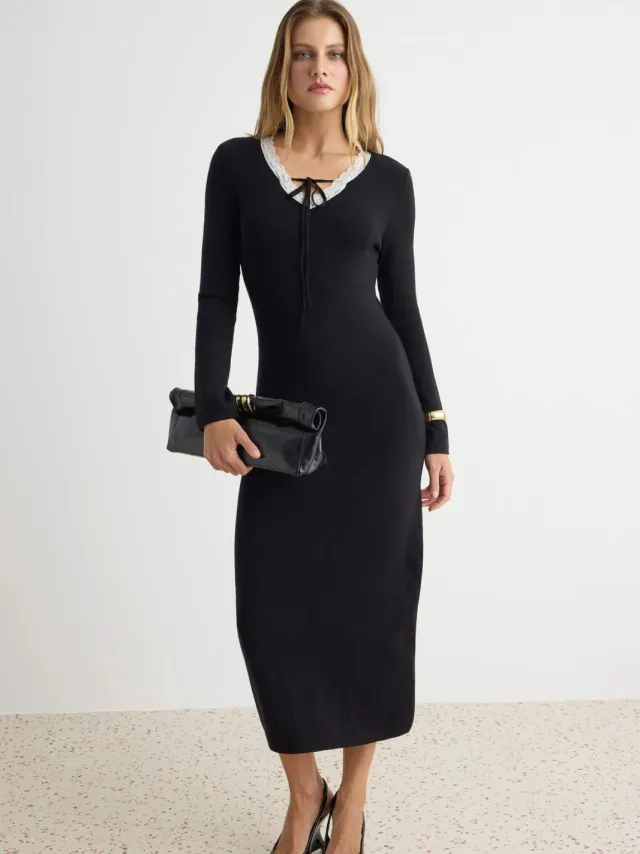 Trendyol TRENDYOLMİLLA Dames Zwart Effen Maxi Lang Bodycon Jurken