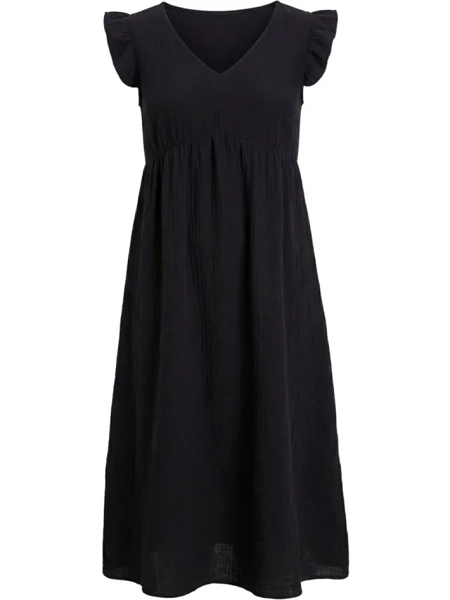 Ulla Popken Dames - Maxi-jurk A-lijn V-hals trompetmouwen - Zwart - Maat 42+