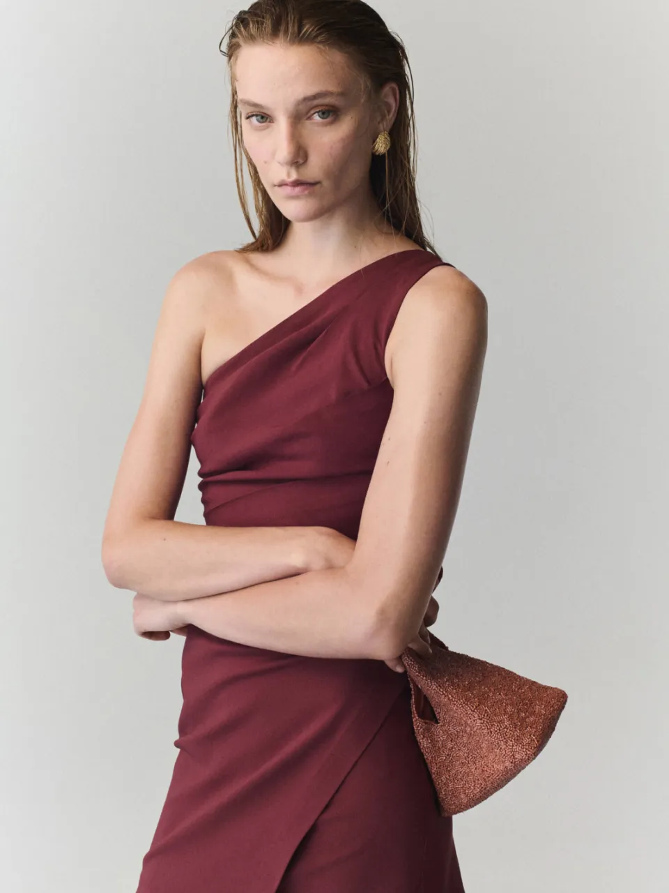Mango one shoulder korte zomerjurk - donkerrood, foto 4