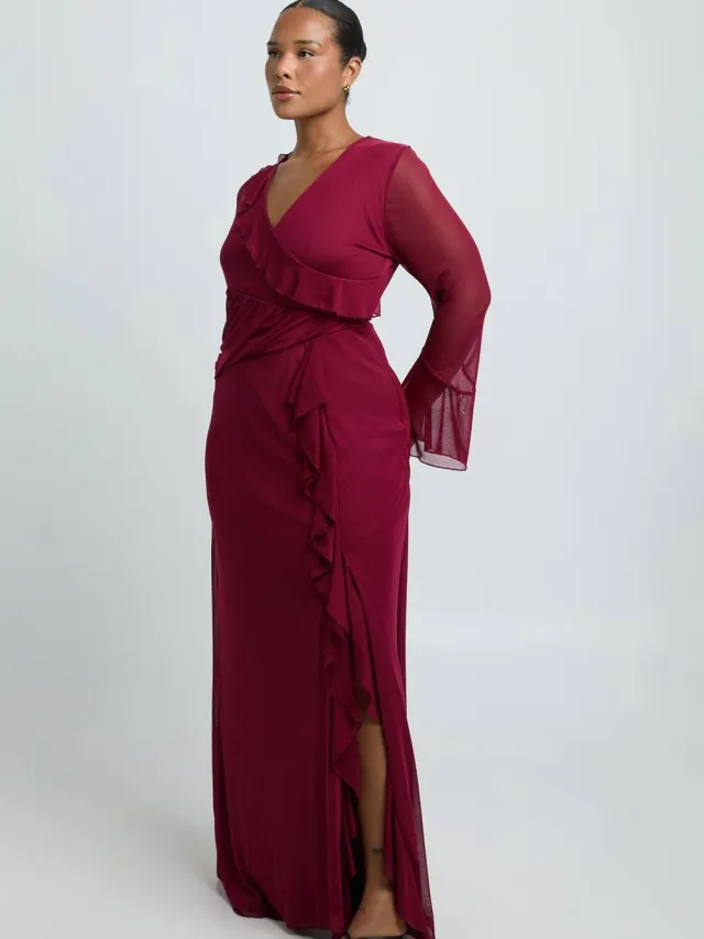 boohoo Dames Plus Ruffle Wrap Detail Maxi Jurk kersen, foto 2