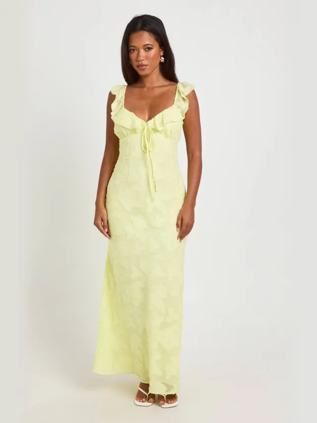 boohoo Dames Burnout Ruffle Bandje Slip Jurk Citroen