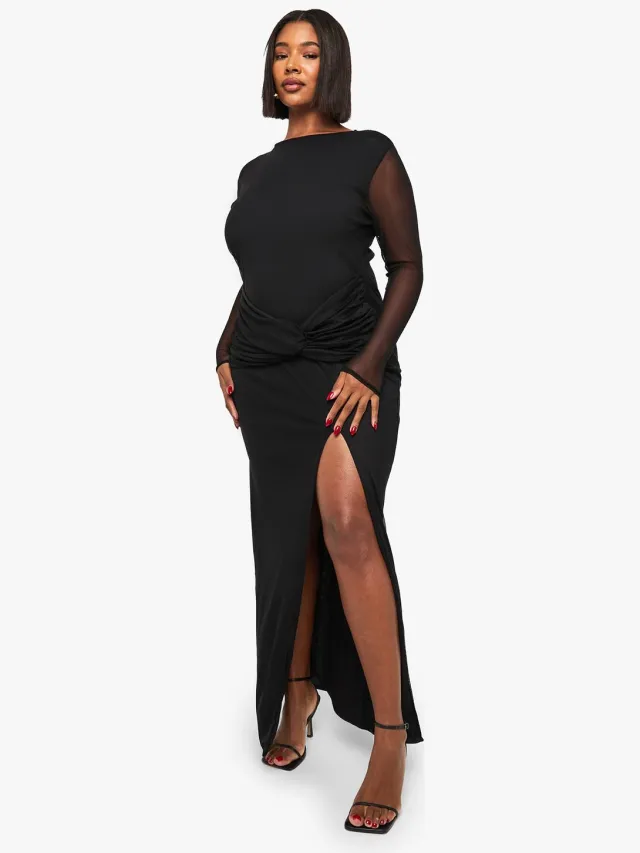 boohoo Dames plus maxi-jurk met mesh en twistdetail Zwart