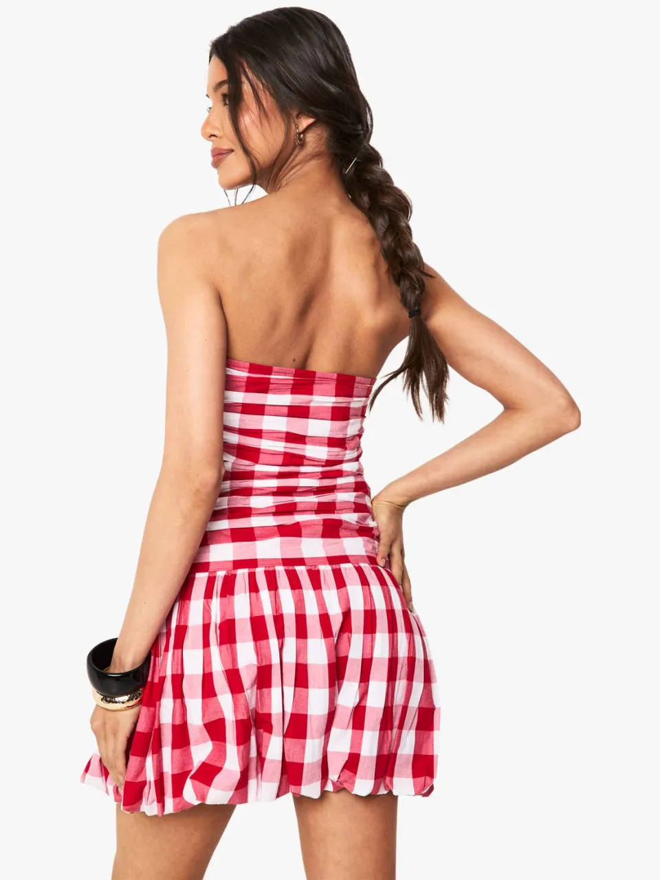 boohoo Dames Gingham Puffball Bandeau Mini Jurk rood, foto 3