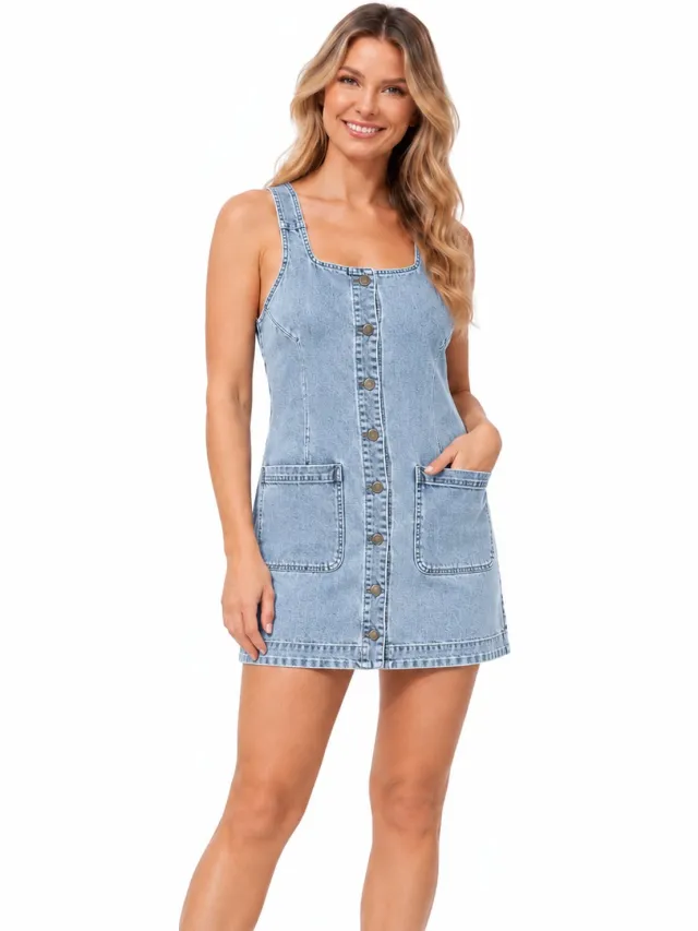 Imily Bela Dames Denim Tuinjurk met Verstelbare Schouderbanden en Rechte Pasvorm Blauw