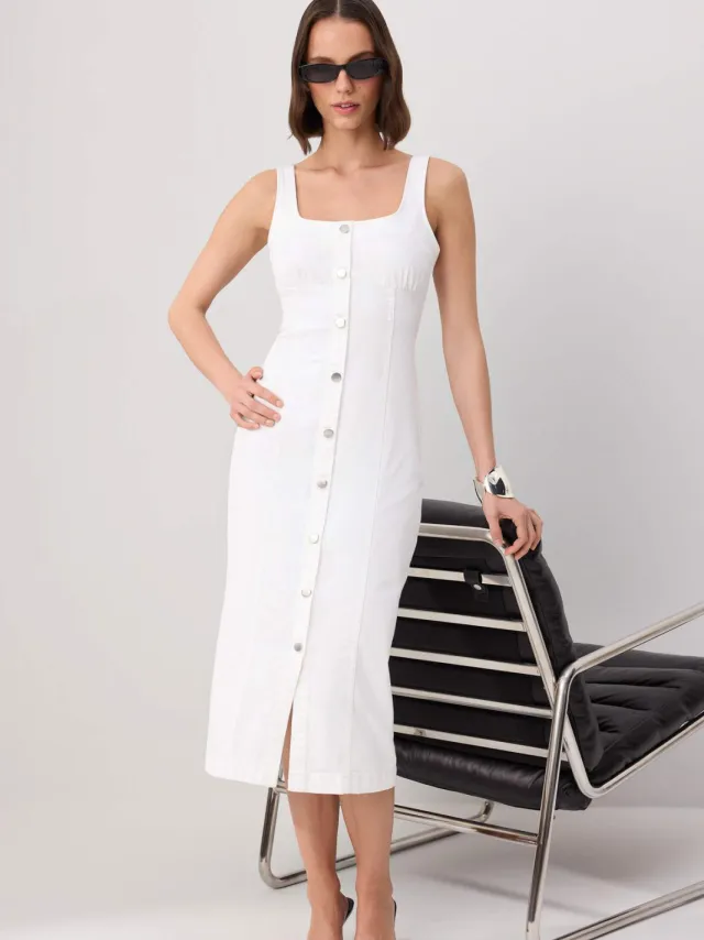 Trendyol TRENDYOLMİLLA Dames Ecru Effen Midi Mouwloos Bodycon Jurken, foto 2
