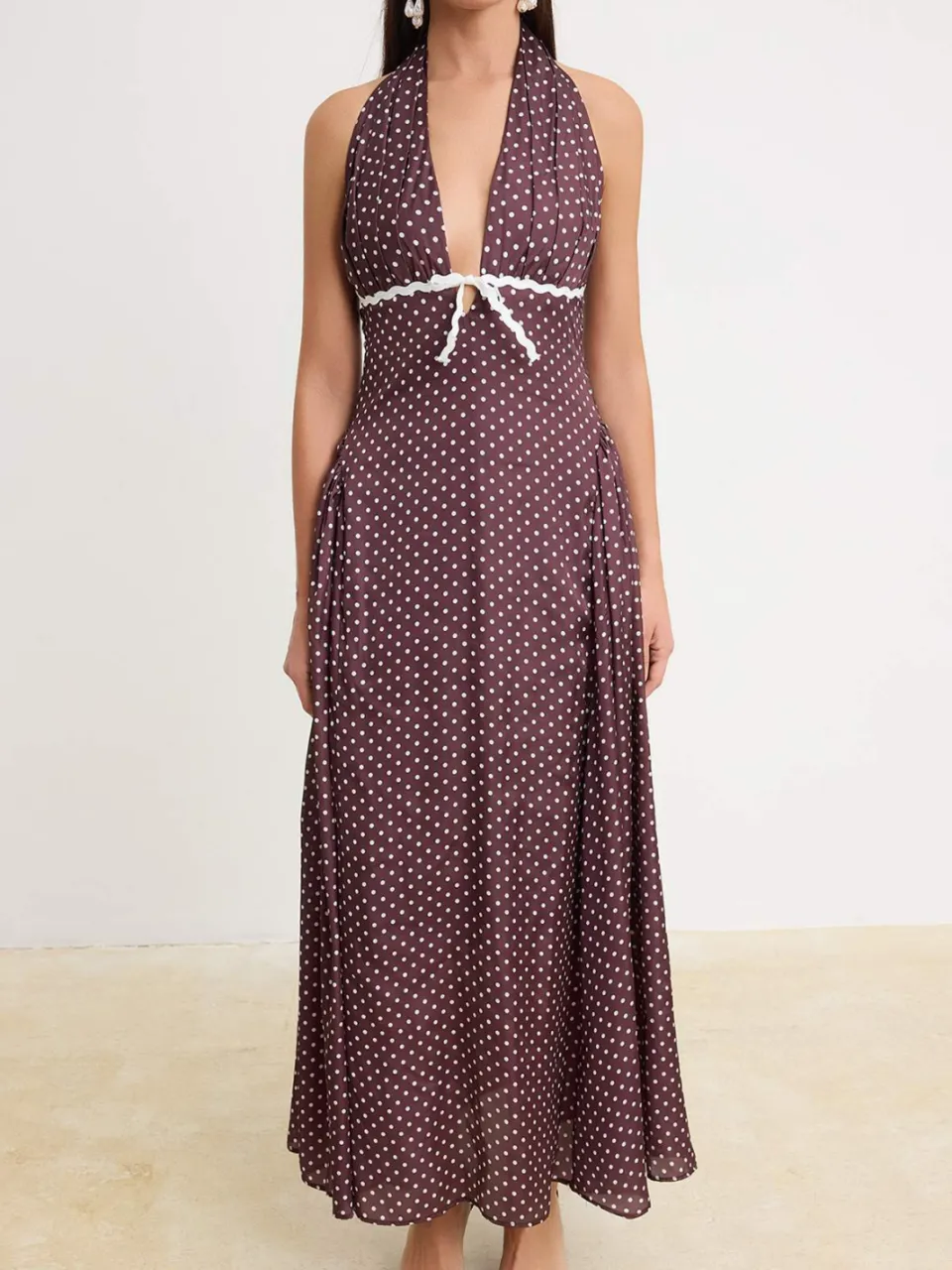Trendyol TRENDYOLMİLLA Dames Bruin Stippen Maxi Mouwloos Skater Avond & Gala Jurk, foto 2