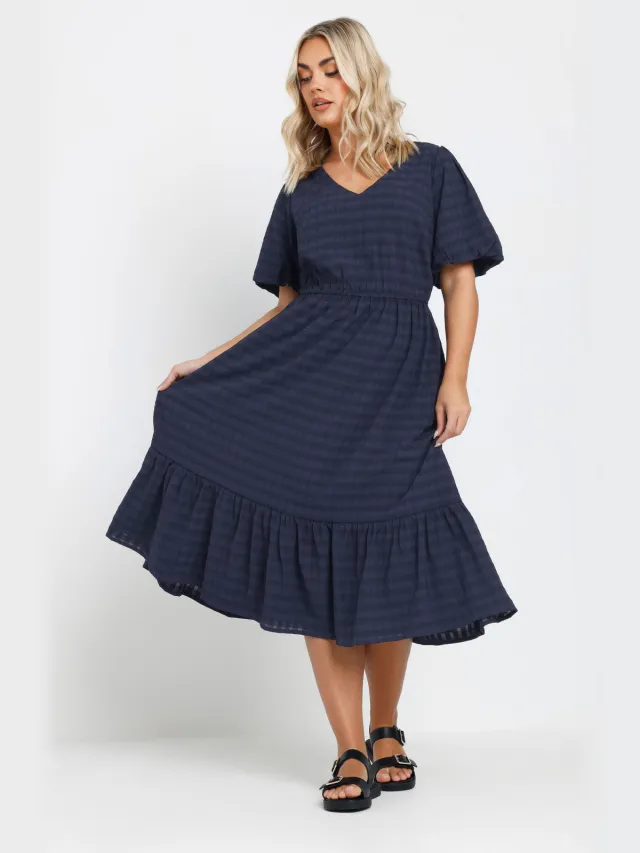 Yours Geruite Midi Jurk Met Textuur En Korte Mouwen In Donkerblauw Blue