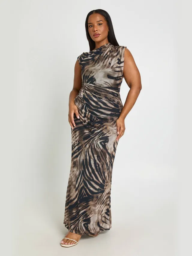 boohoo Dames Plus Zebra Mesh Asymmetrische Maxi Jurk Zebraprint
