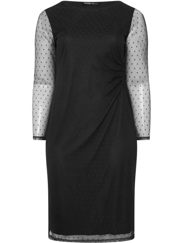Yours Zwarte Midijurk Met Stippen En Gerimpelde Zijkanten Black