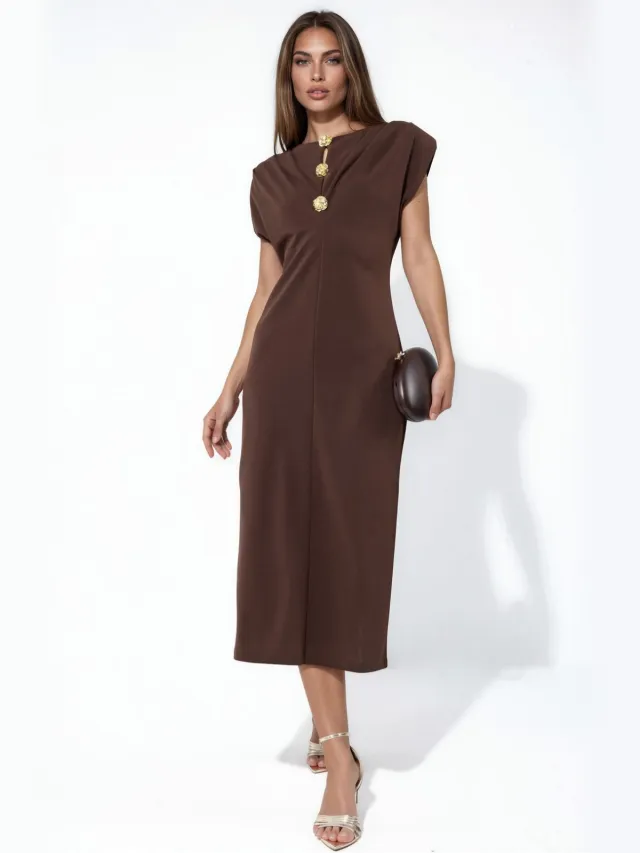 Busem Slim Fit Midi-jurk met Accessoire Detail Bruin