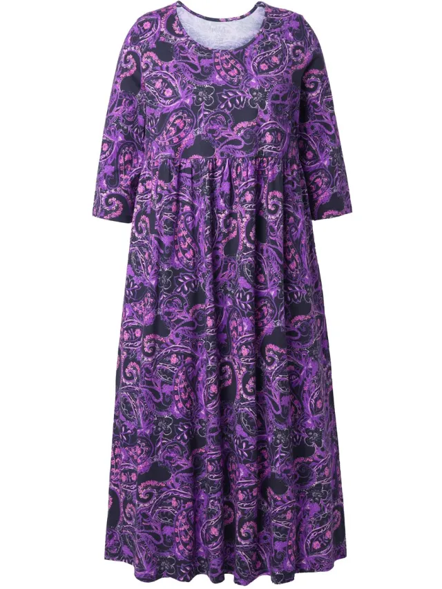 Ulla Popken Dames - Maxi-jurk paisley A-lijn ronde hals 3/4-mouw zakken - Zwart - Maat 54+
