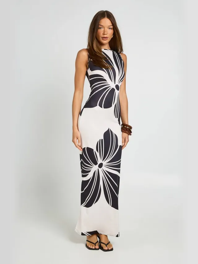 boohoo Dames Grote Bloemenprint Maxi Jurk Met Slash Hals Ivoor