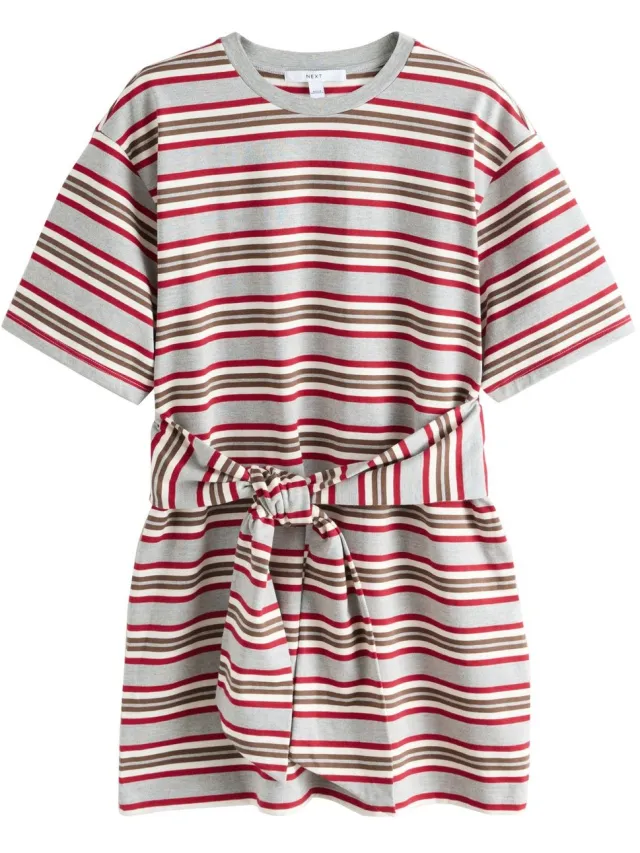 Next Dames - Tie-dye jersey T-shirtjurk van 100% katoen met gestrikte taille - Tall - Rood Red/Grey Stripe