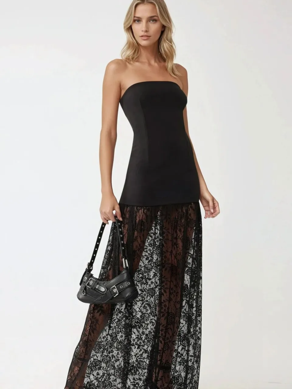 Hiccup Halsloze Maxi Bodycon Jurk met Kantdetails Zwart