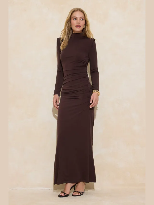Trendyol Modest Dames Bruin Effen Maxi Lang Stijlvol/Avond Skater Modest Avond Jurken