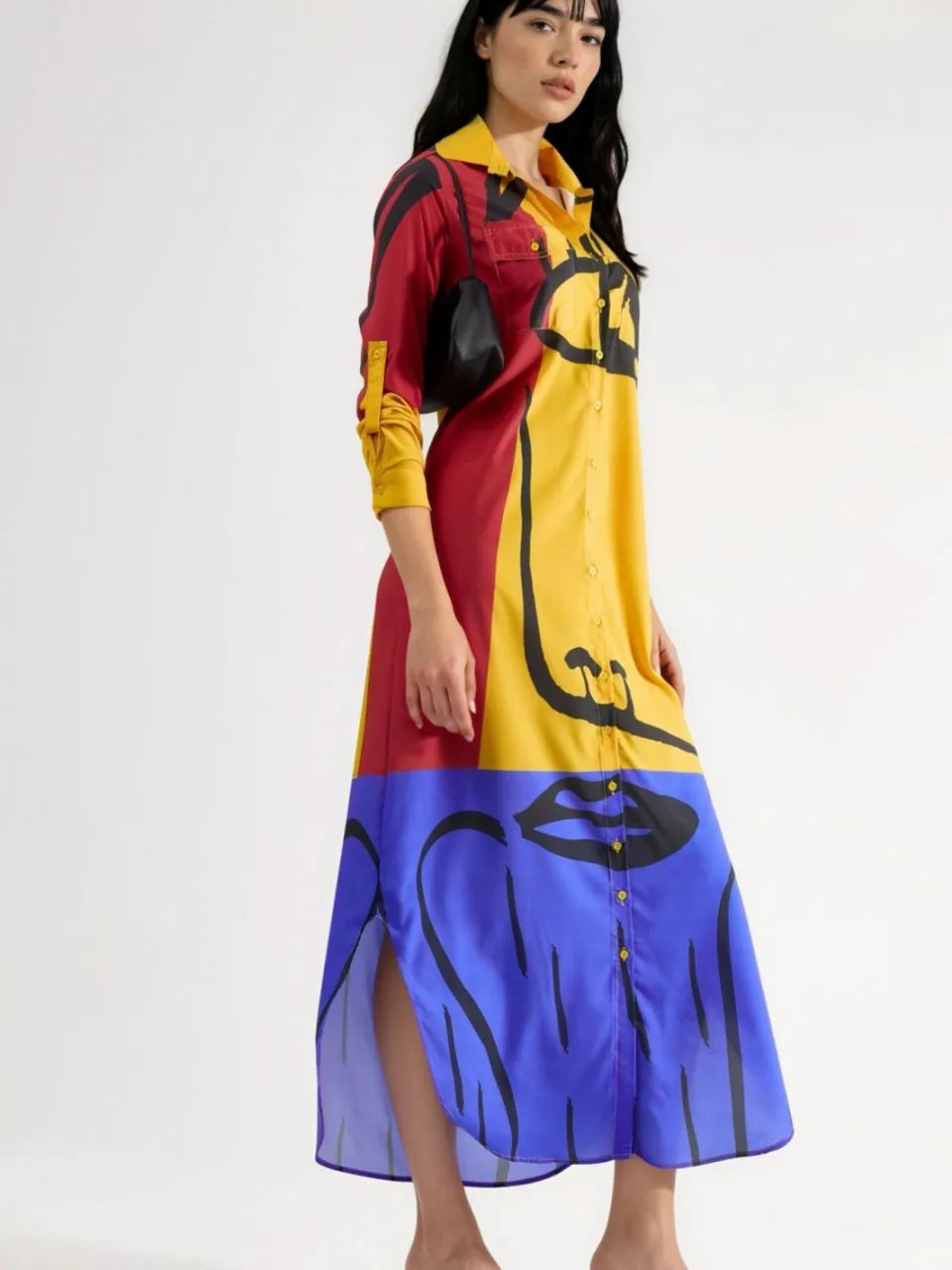 MSN Collection Abstracte Print Maxi Jurk met Knoopsluiting geel, foto 2