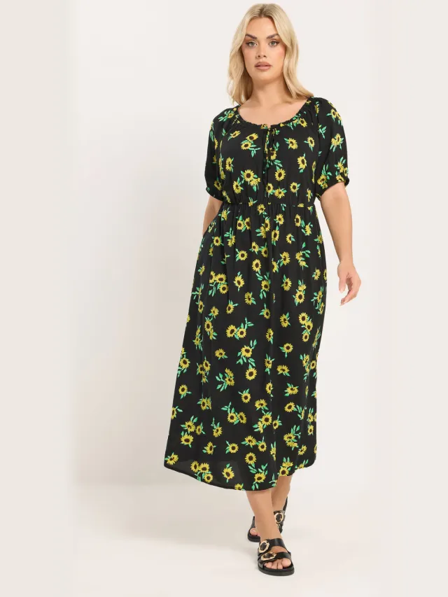 Yours Zwarte Maxijurk Met Zonnebloemenprint-56 Black