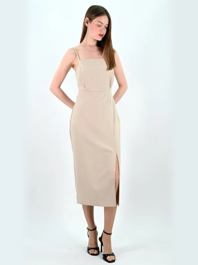 YESMOOI Elegante Midi Jurk met Spaghettibandjes - Slip Dress - Beige - M (38)