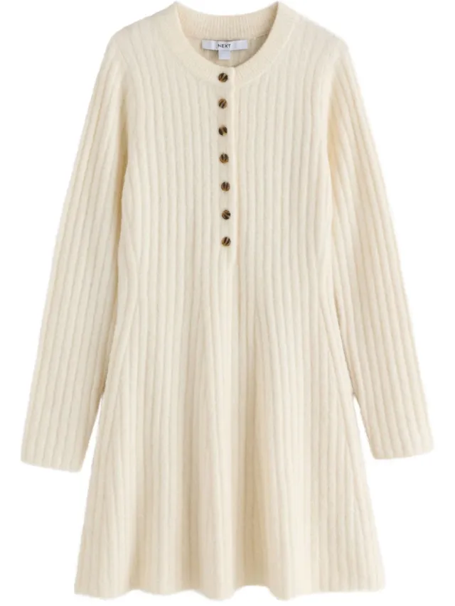 Next Dames - Ribgebreide Henley-mini-jurk - Crème