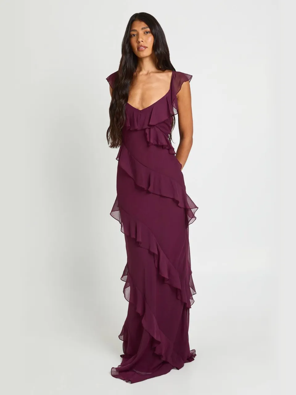 boohoo Dames Lange Chiffon Ruffle Maxi Jurk Tot Op De Grond fig, foto 3