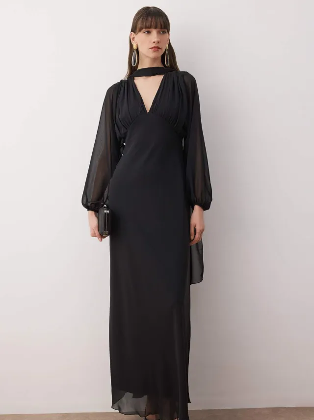 Trendyol TRENDYOLMİLLA Dames Zwart Effen Maxi Lang Cocktail A-lijn Avond & Gala Jurk