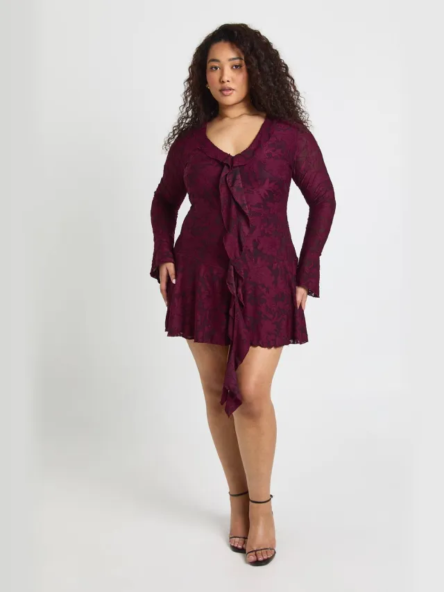 boohoo Dames Plus Burnout Bloemen Ruches Voorkant Mini Jurk Bordeaux Rood
