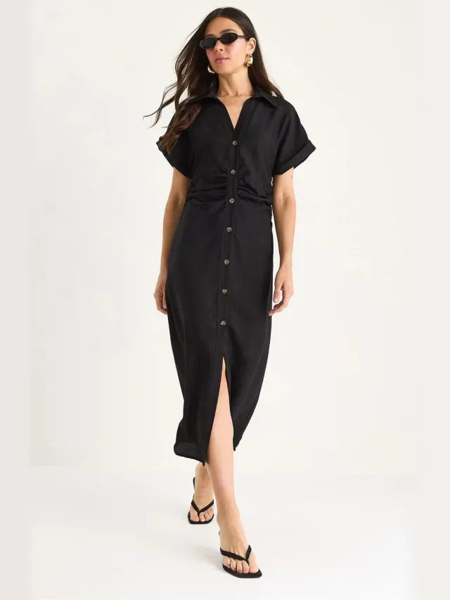 Bianco Lucci V-hals Midi-jurk met knoopsluiting Zwart
