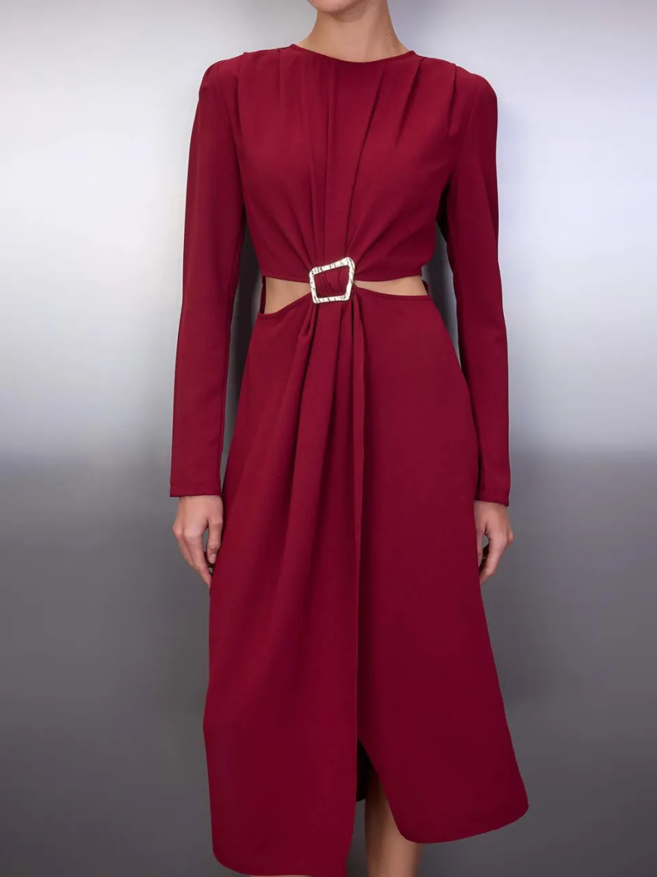 Trendyol TRENDYOLMİLLA Dames Bordeaux Effen Midi Lang Avond / Dagelijks A-lijn Jurken, foto 2