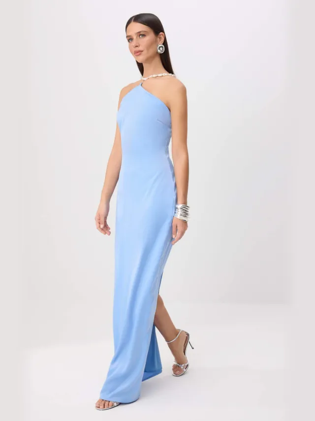 Trendyol TRENDYOLMİLLA Dames Blauw Effen Maxi Mouwloos Recht Avond & Gala Jurk